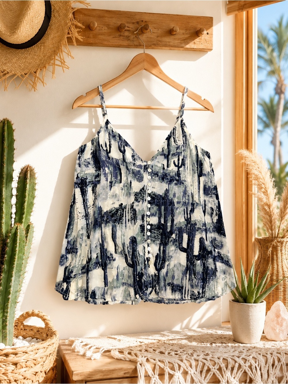 Lovestitch Blue Desert Cactus Print Swing Tank Medium Boho Rayon Shell Buttons